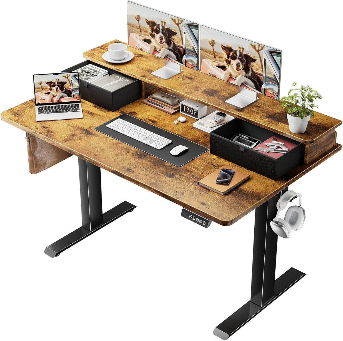 Veken 47x28 in Electric Standing Desk with Drawers, Adjustable Table, Brown