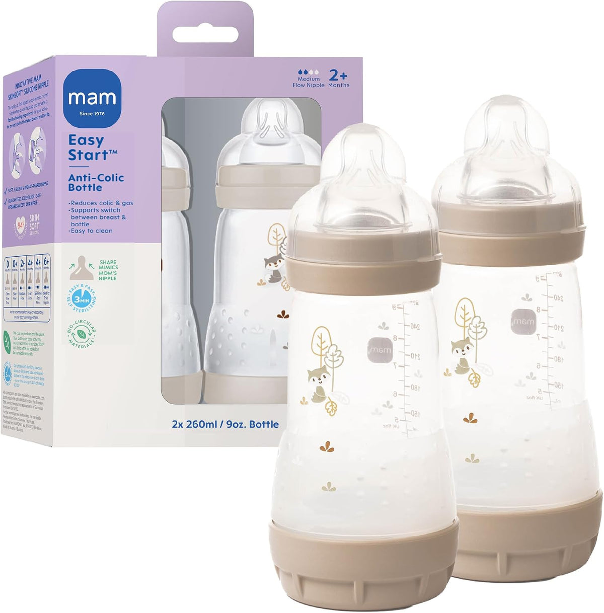 MAM 9oz Easy Start Anti-Colic+ Vented Baby Bottle, 2+ Months, 2 Pk, Unisex