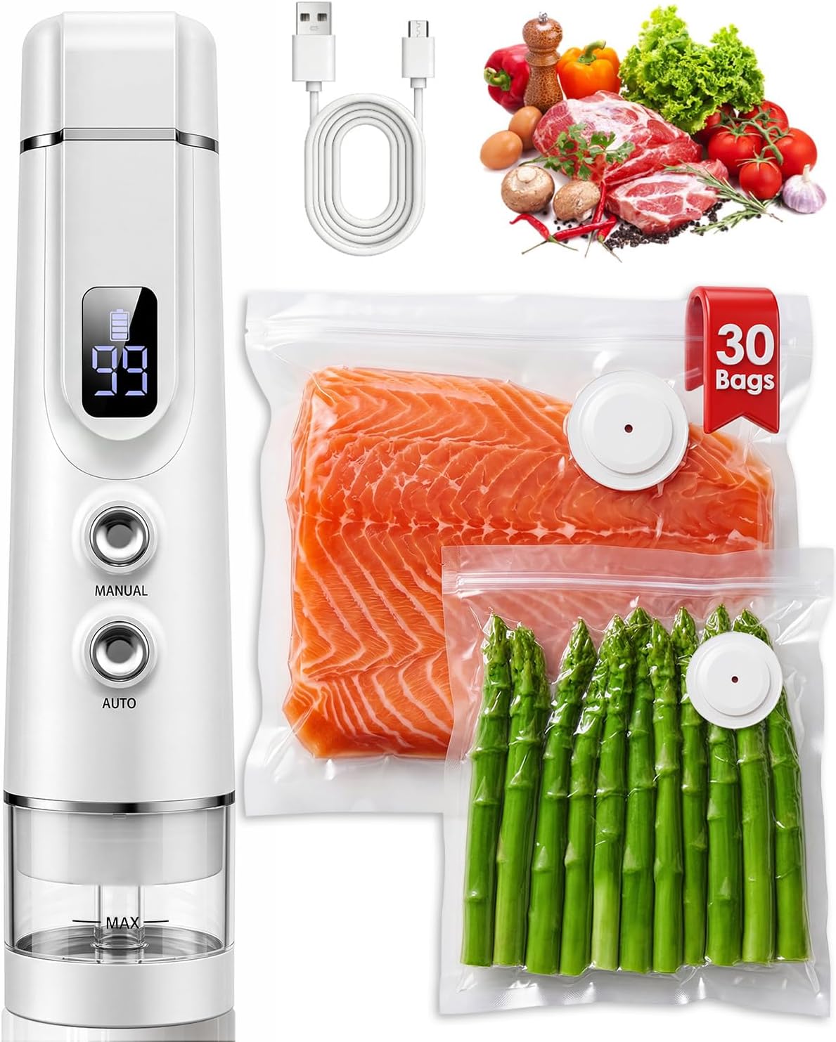 Vacuum Sealer for Food: 30 Reusable Bags & 20ml Tank