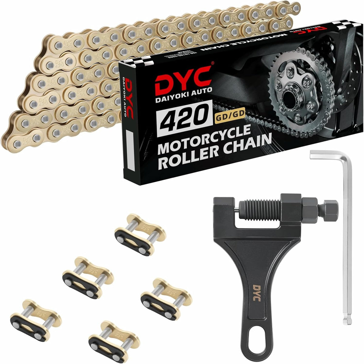 DYC 420 Chain 132 Links with 5 Master Links and Chain Breaker Tool