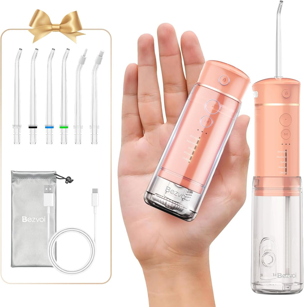 Bezvoi Mini Portable Water Flosser for Travel, 5 Modes Dental Floss, 6 Tips