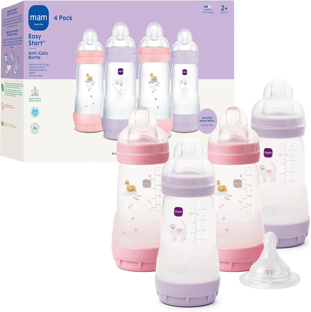 MAM 9oz Easy Start Anti-Colic+ Vented Baby Bottles, 2+ Months, 4 Pack, Girl