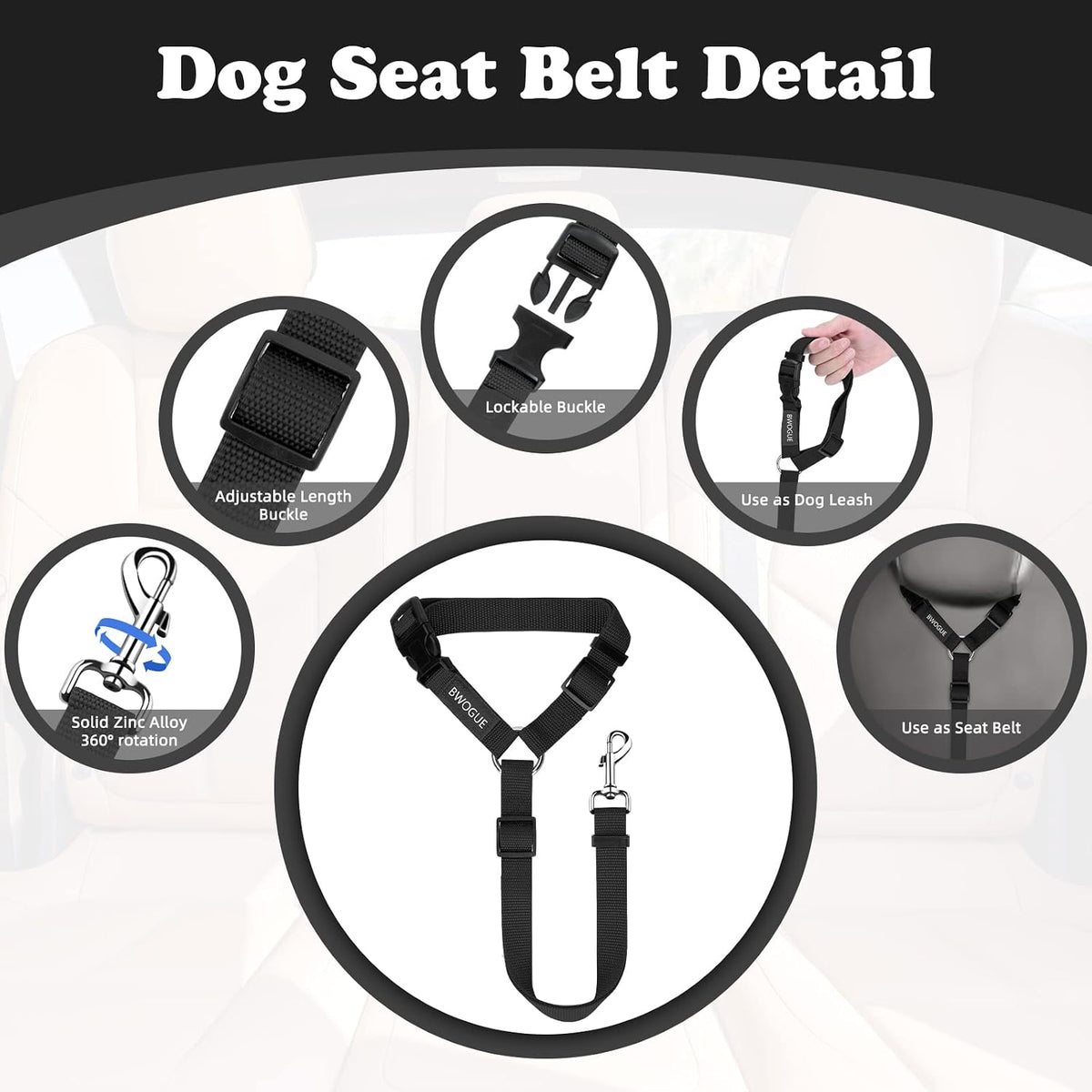 BWOGUE 2 Pack Dog Seat Belt for Car, Headrest Restraint Safety Leads