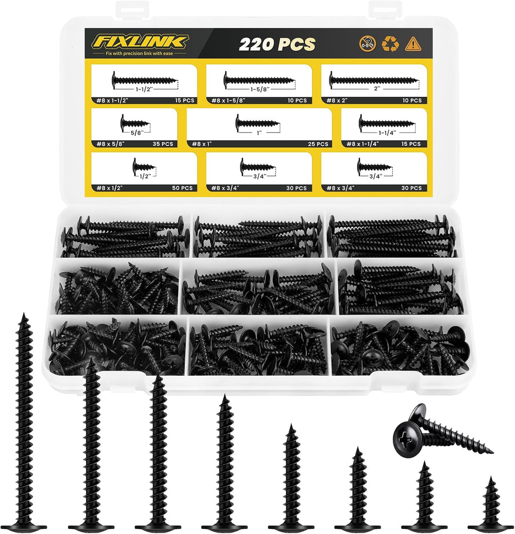 Truss Head Wood Screws 220Pcs Assortment Kit, FIXLINK #8 Assorted Screws