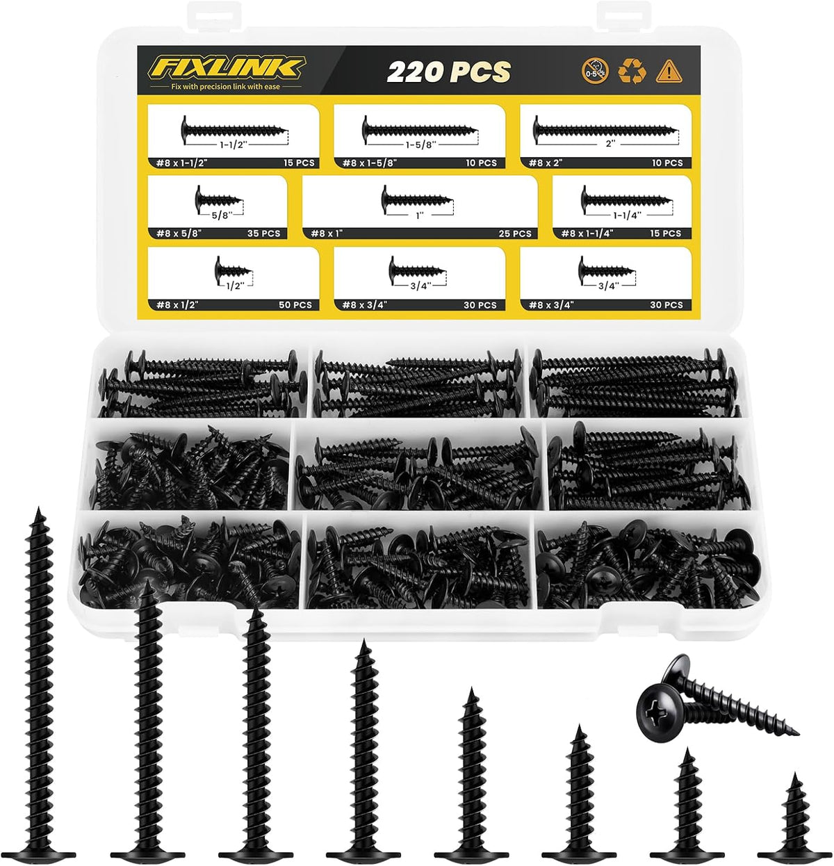 Truss Head Wood Screws 220Pcs Assortment Kit, FIXLINK #8 Assorted Screws
