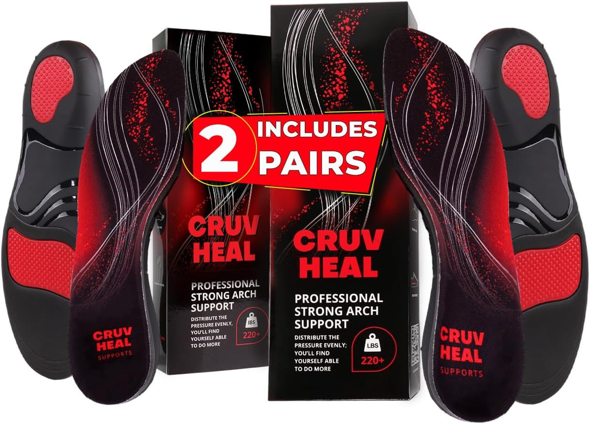 CRUVHEAL 220+ lbs Plantar Fasciitis Insoles Men High Arch Support Black, M
