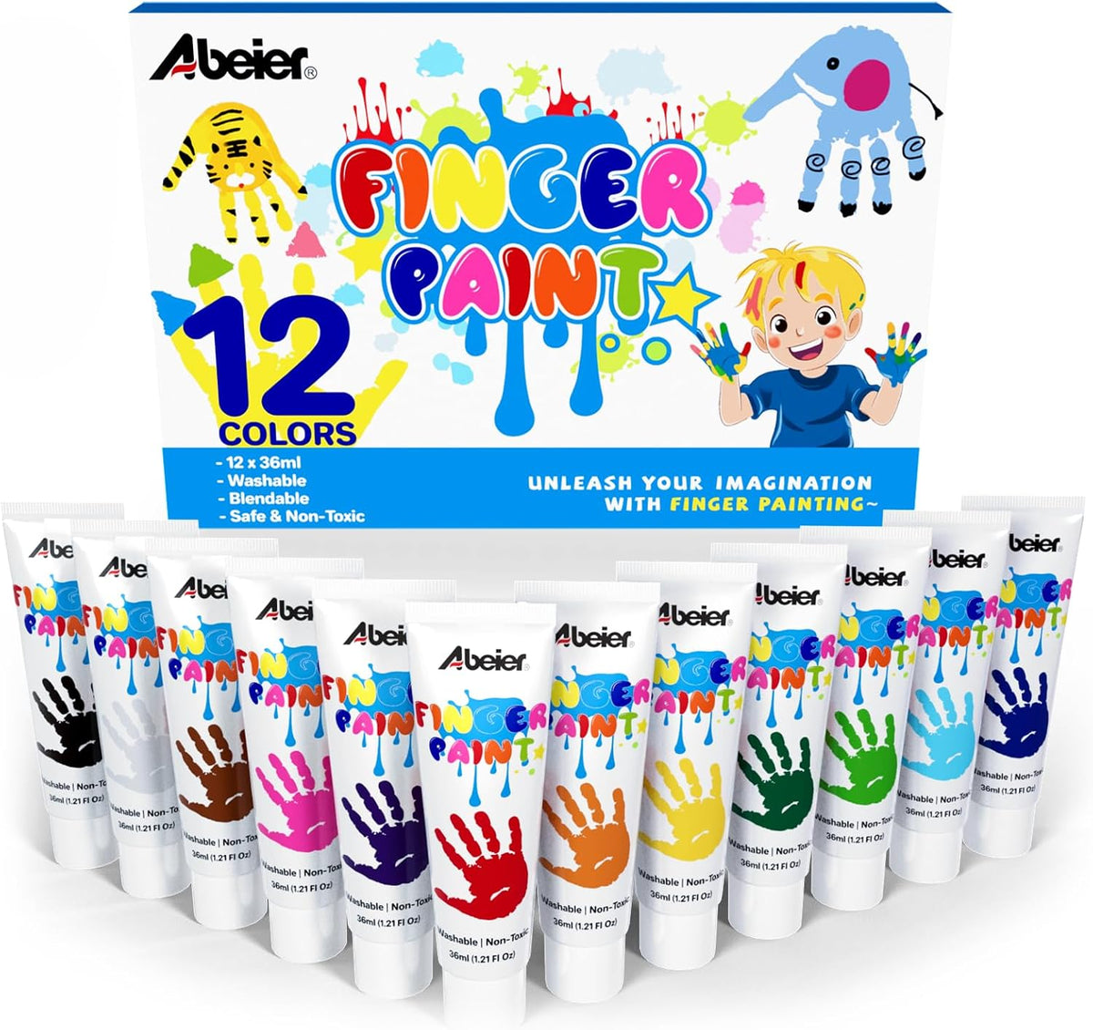 ABEIER Washable Finger Paint for Toddlers 1-3, 12 Non-Toxic Colors