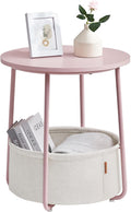 VASAGLE Small Round Side End Table, Small Nightstand with Fabric Basket