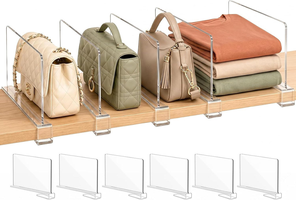 SortNStore Shelf Dividers Purse Organizer for Closet: Acrylic Clear 8 Pack