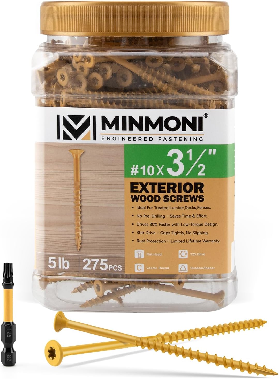 #10 x 3'' Wood Deck Screws 310pcs (5lb Box), Torx Flat-Head Exterior Screws, Multiple Size Available, Tan, T25 Star Bit Included