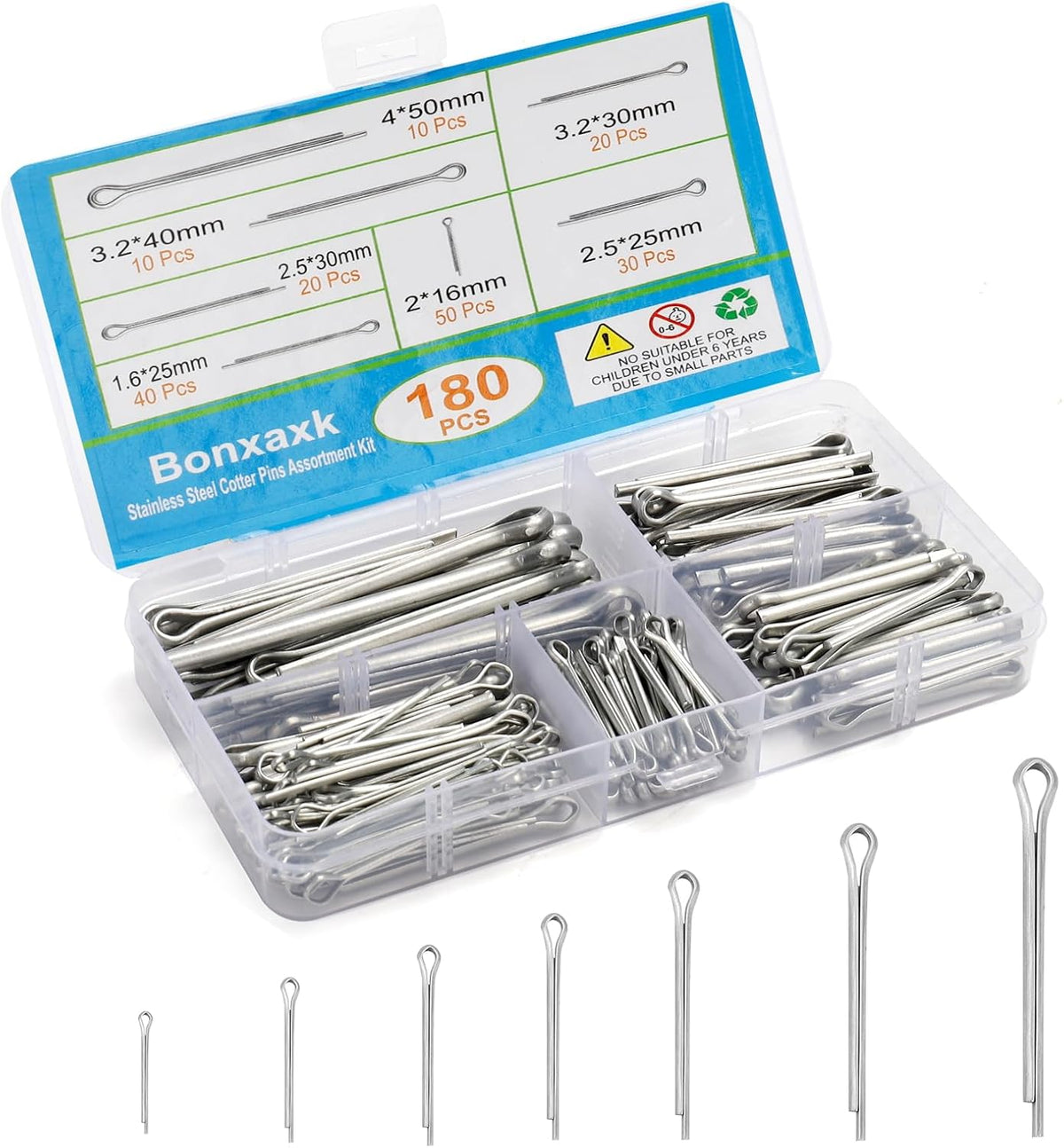 50 Pcs Cotter Pins Assortment Kit R Clips 5 Sizes