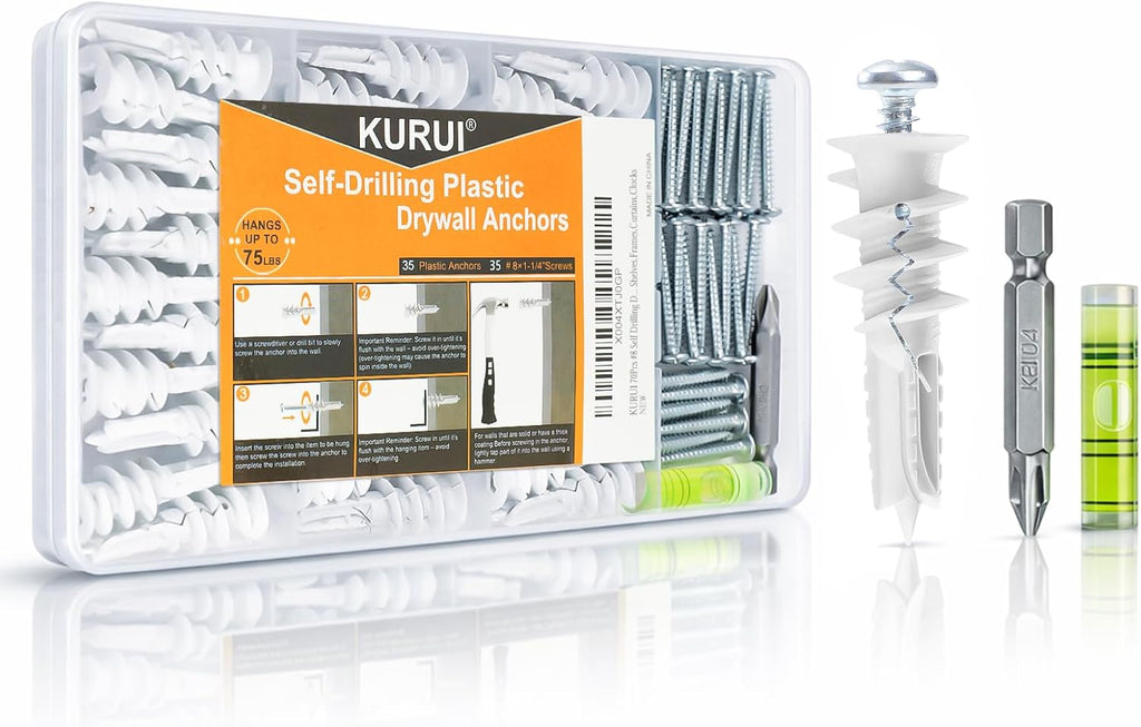 KURUI 140Pcs #8 Self Drilling Drywall Anchors and Screws Kit, No Drill Hole