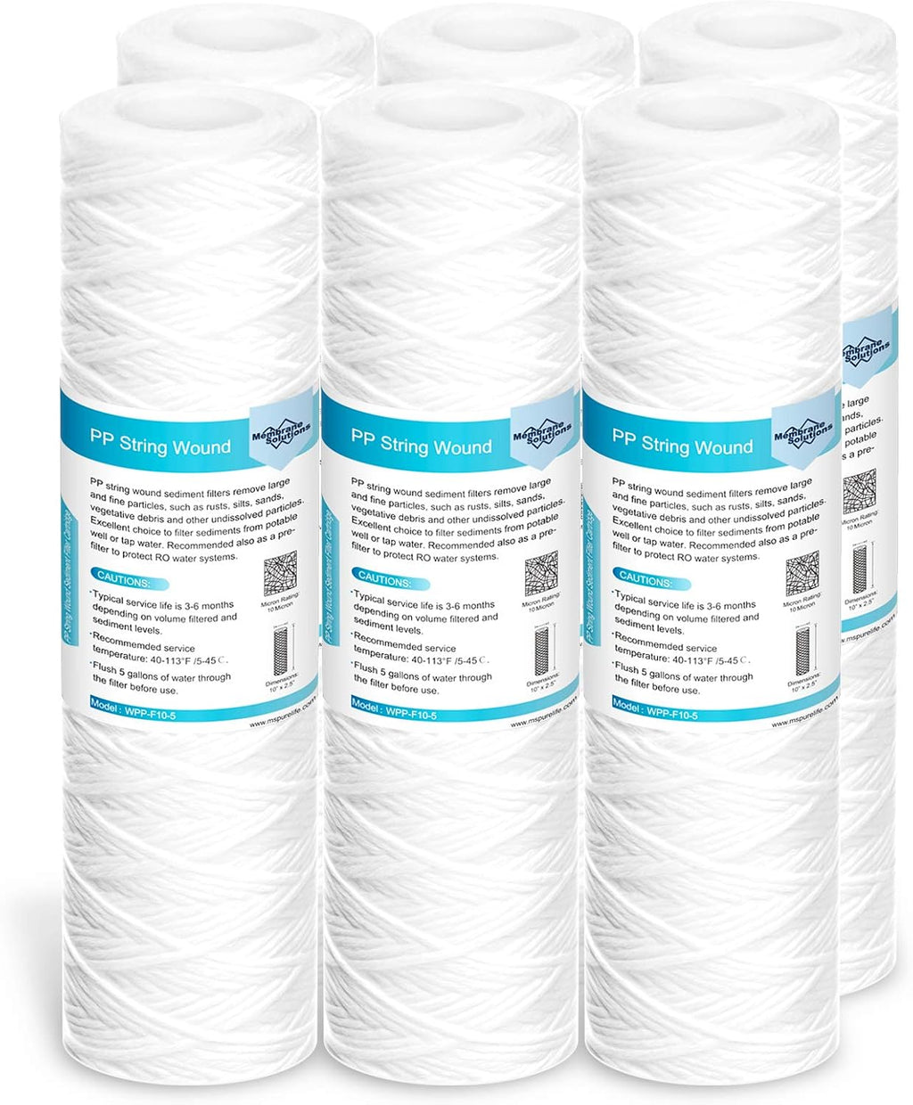 Membrane Solutions 5 Micron 10"x2.5" String Wound Whole House Water Filter Replacement Cartridge Universal Sediment Filters for Well Water - 6 Pack