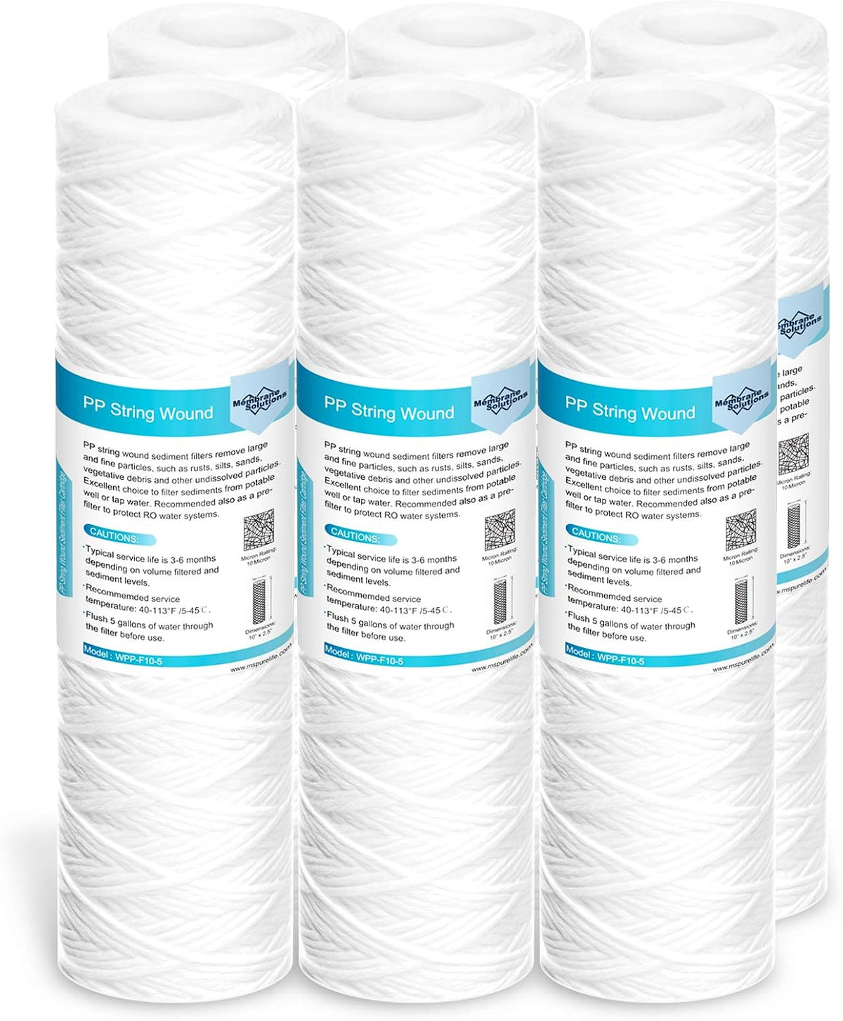 Membrane Solutions 5 Micron 10"x2.5" String Wound Whole House Water Filter Replacement Cartridge Universal Sediment Filters for Well Water - 6 Pack