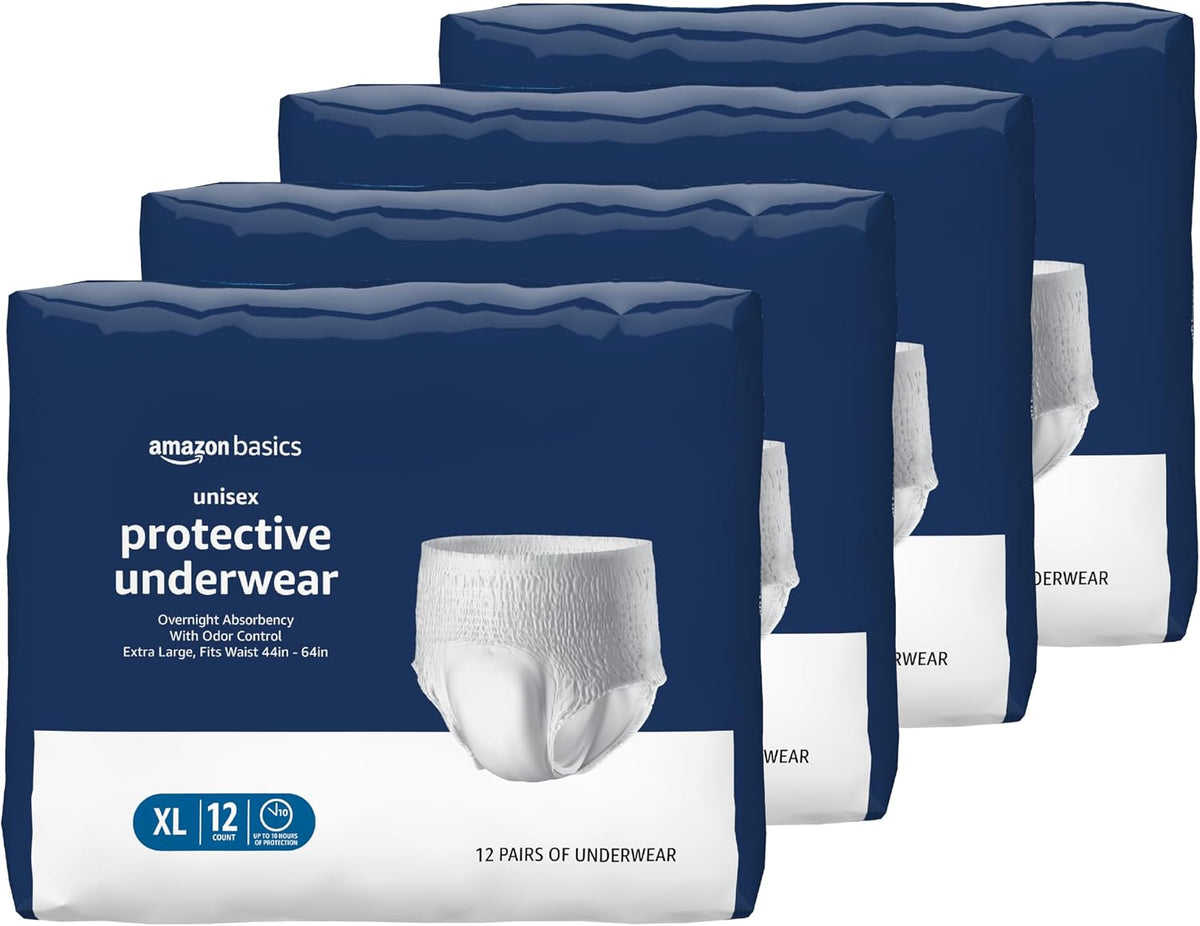 Amazon Basics Unisex Adult Incontinence Protective Underwear, Overnight Absorbency, Moisture-Wicking, Soft, Latex Free, Large, 14 Count