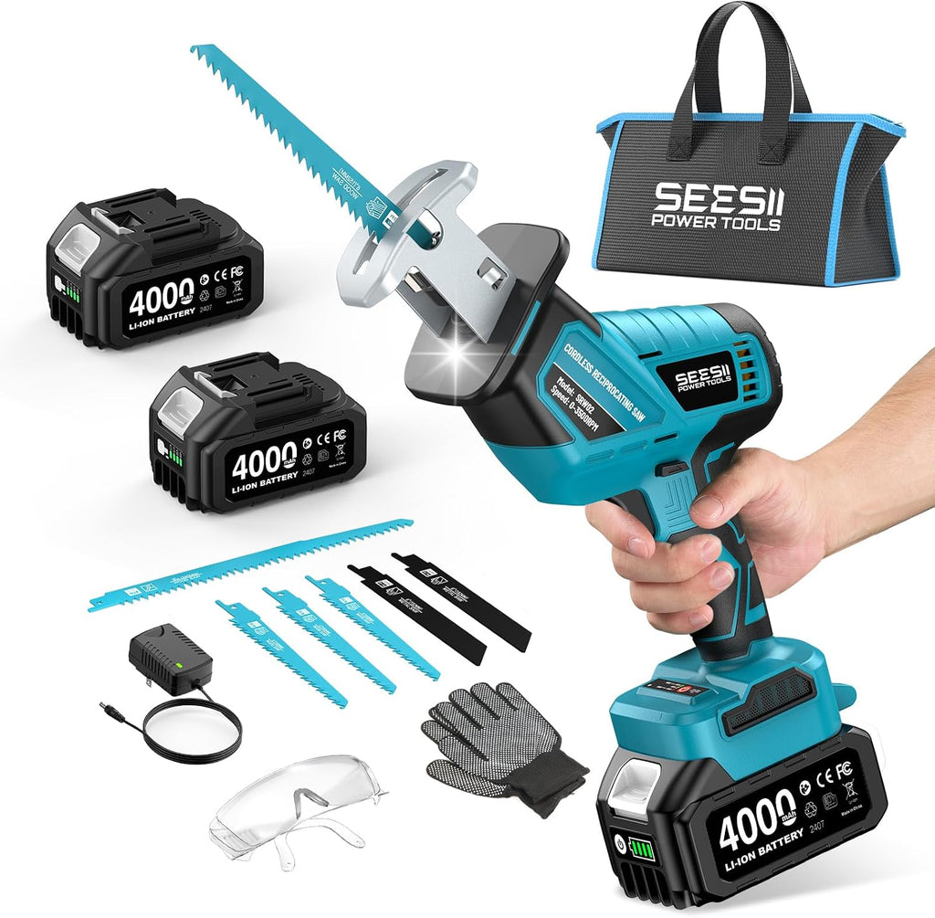 SEESII Reciprocating Saw Cordless with 2 x 4.0Ah Batteries and 6 Saw Blades