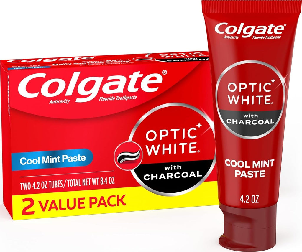 Colgate Optic White Whitening Toothpaste with Charcoal, Whitening with Charcoal Toothpaste Pack, Removes Daily Surface Stains, Enamel-Safe for Daily Use, Vegan, Cool Mint Paste, 2 Pack, 4.2 oz