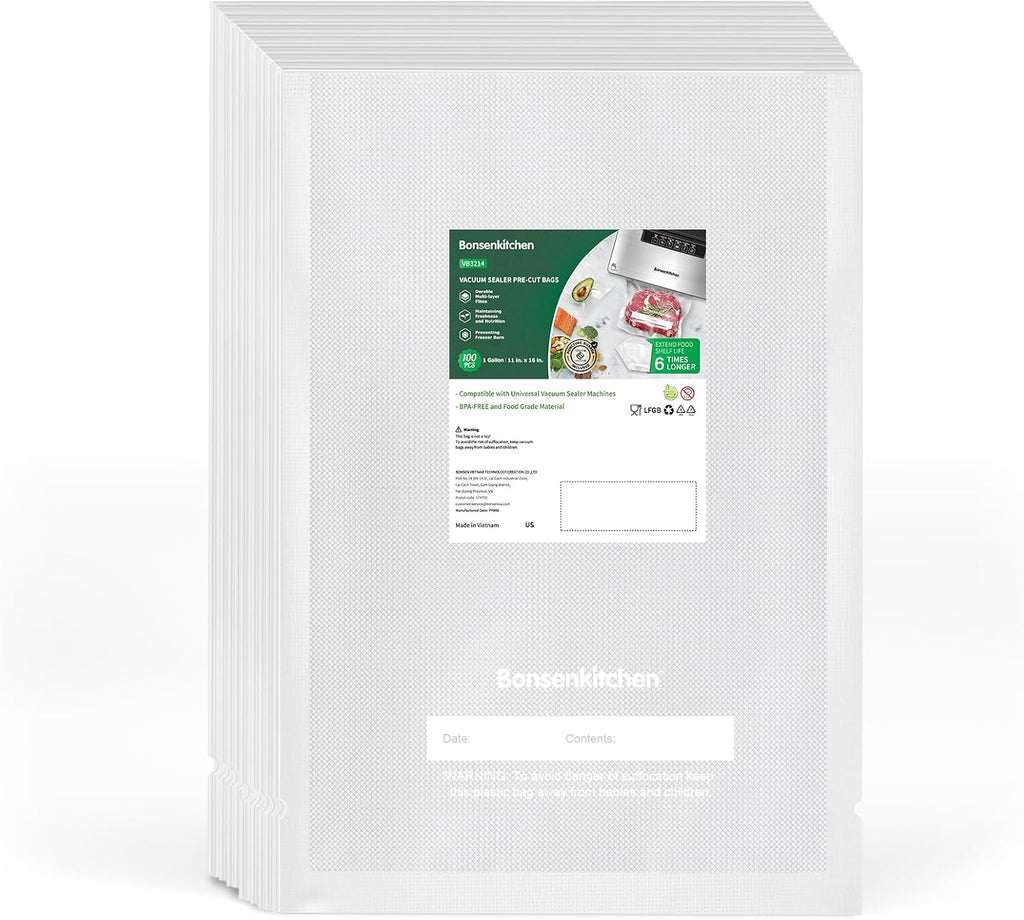 Bonsenkitchen Precut Vacuum Sealer Bags 200 Quart 8" x 12", BPA Free