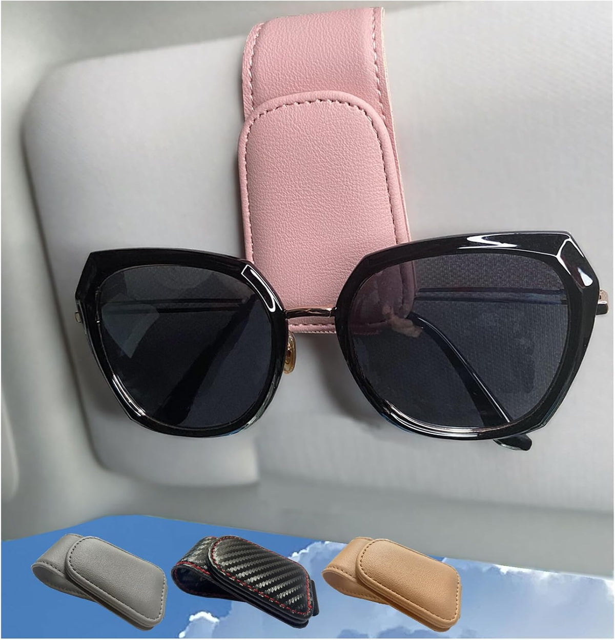 Magnetic Leather Sunglass Holder for Car, Eyeglasses Clip for Visor(Black)