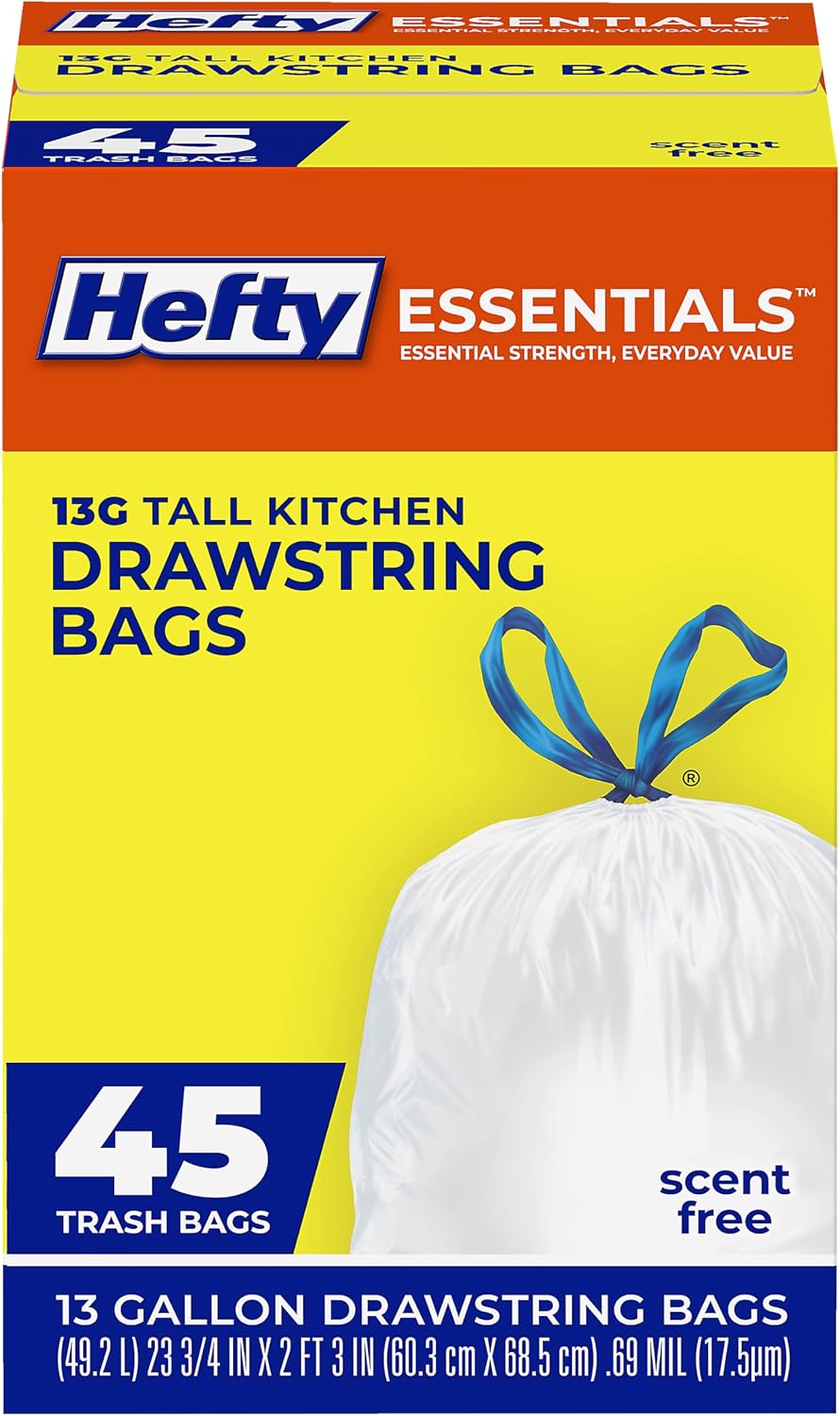 Hefty Essentials 13 Gallon Kitchen Trash Bags, White, Unscented, 45ct