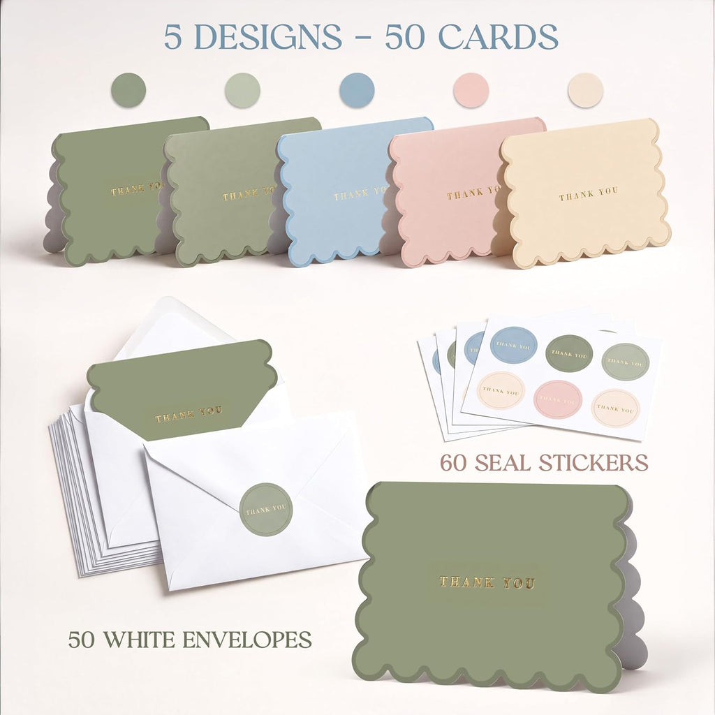 AUDREE Thank You Cards with Envelopes, Scalloped Gold Foil 50 Pack 3.5x5