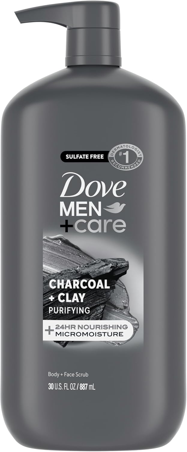 DOVE MEN + CARE Body and Face Scrub, Charcoal Body Wash, 30 oz