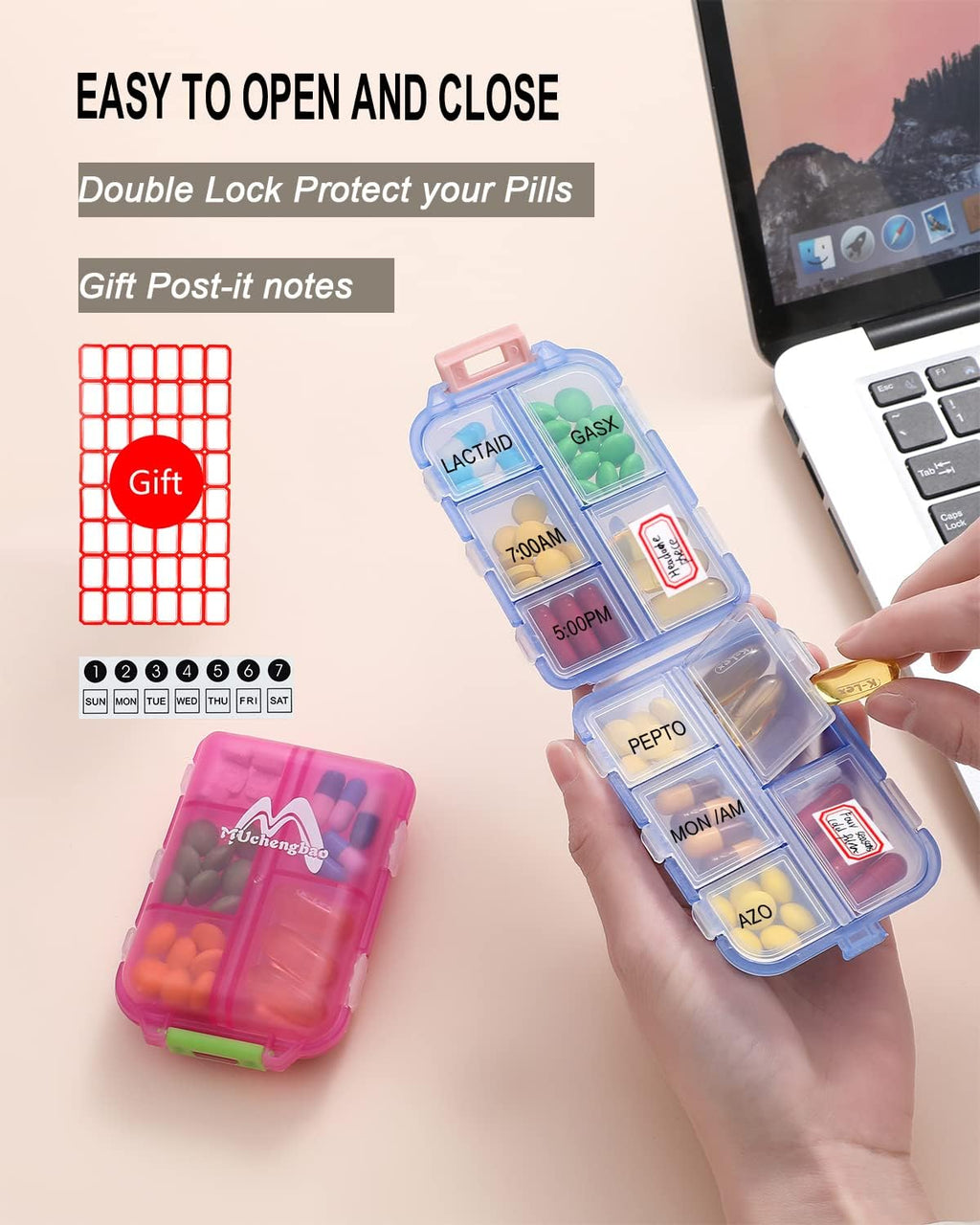 4PS Travel Pill Organizer 10 Compartment Folding Small Pill Case Four Color