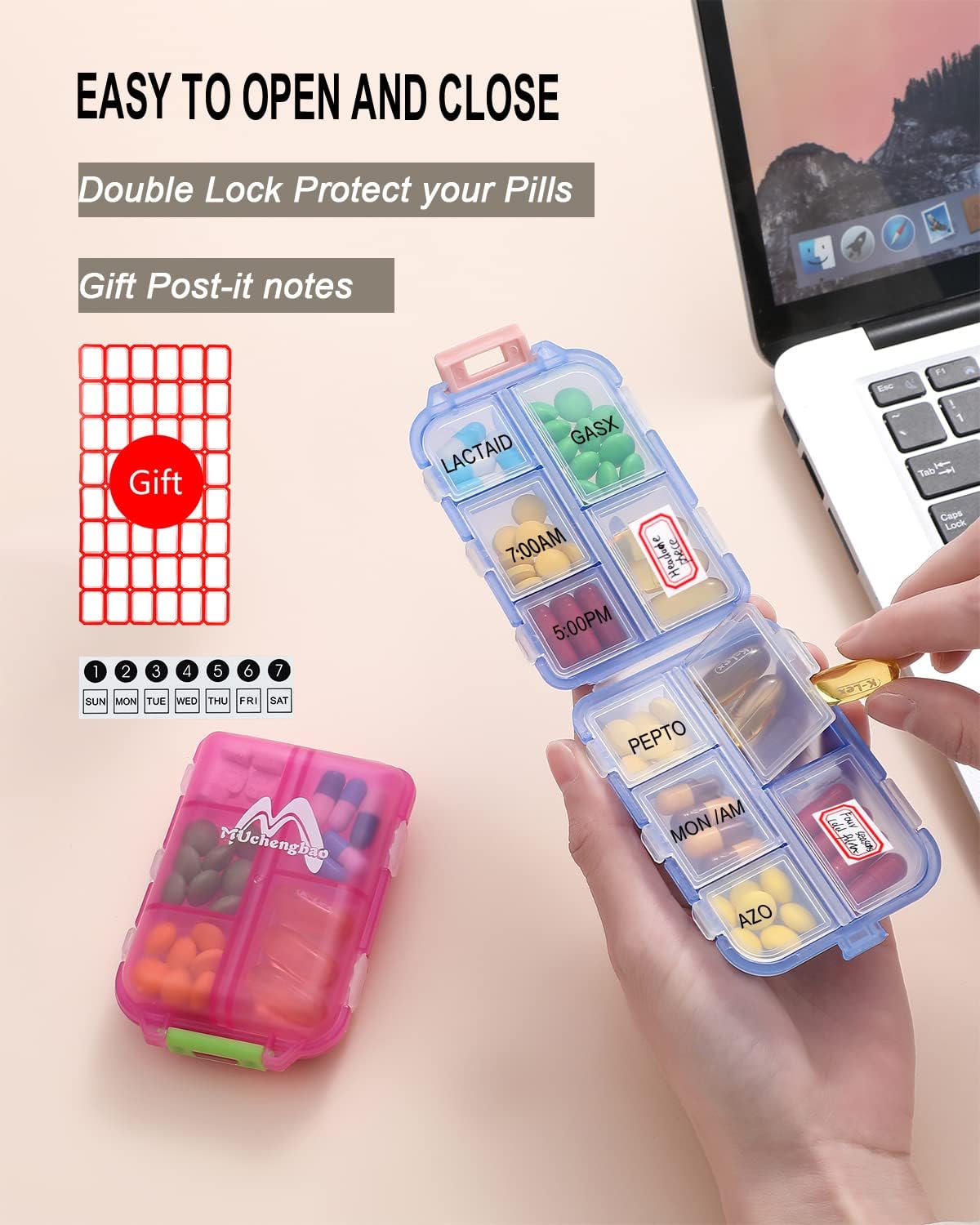 4PS Travel Pill Organizer 10 Compartment Folding Small Pill Case Four Color
