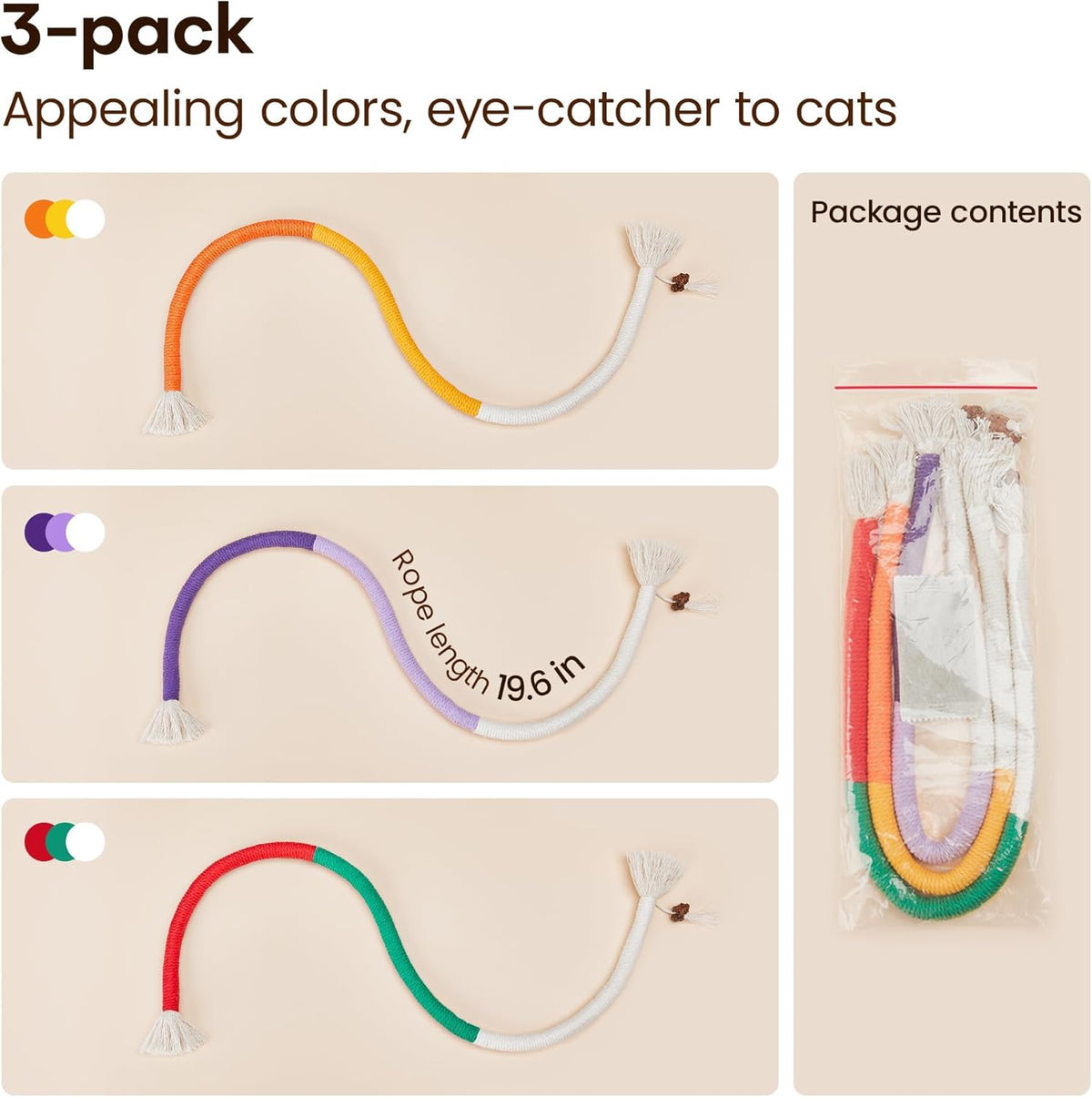 Potaroma Cat Toys Chew Ropes 3Pcs with Refillable Natural Catnip