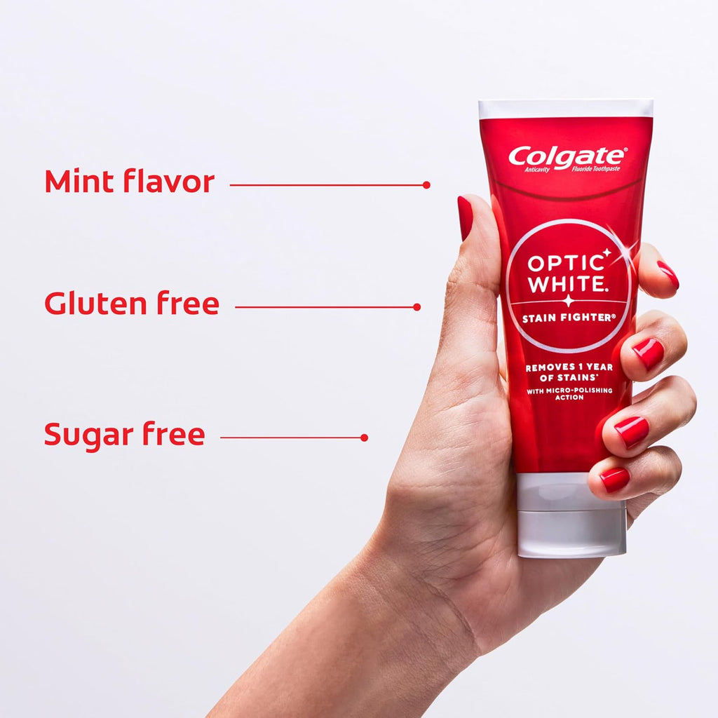 Colgate Optic White Stain Fighter Whitening Toothpaste, Mint, 4 Pack, 3.8oz