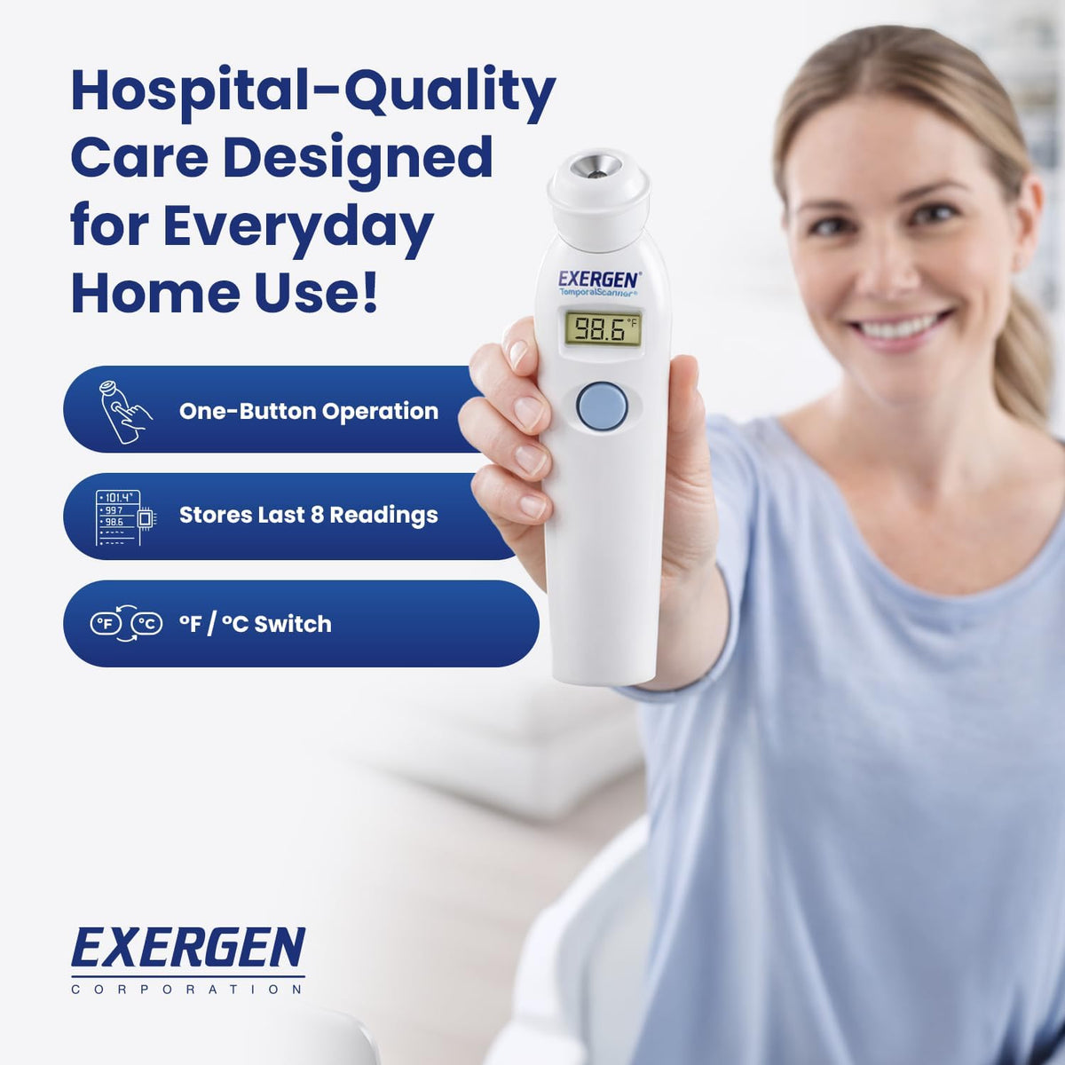 Exergen TAT-2000C+ Temporal Artery Thermometer, White, 9V Included