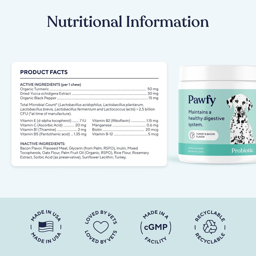 Pawfy Probiotics for Dogs - Digestive & Gut Health Supplement for Yeast | Probiotic Blend for Firm Stools, Healthy Skin & Seasonal Allergies Support. Small & Large dogs | 30 Chews.