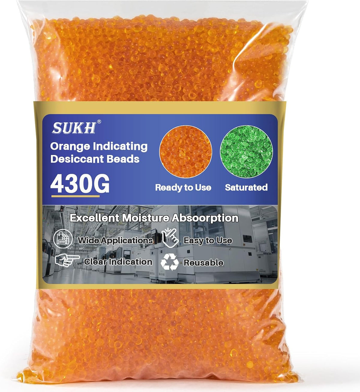 Sukh Orange Silica Gel Desiccant Beads - 430g Reusable Moisture Absorbers