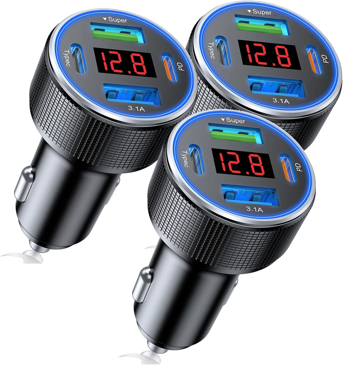 Car Charger USB C Fast Charge, 4 Port 78W Metal Car Phone Charger with Voltmeter, 2 USB-C & 2 USB-A Cigarette Lighter USB Charger Adapter for iPhone 17 16 15 Pro Max, Galaxy S26 S25, iPad