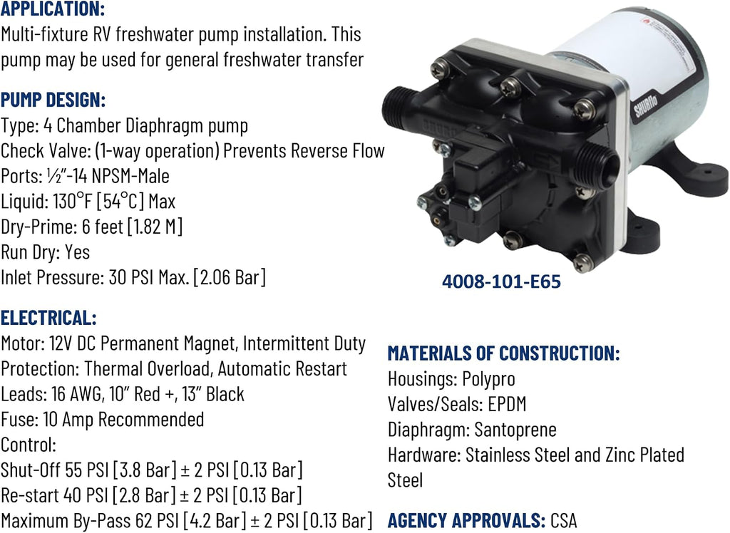 PENTAIR SHURFLO Revolution 4008-101-E65 RV Fresh Water Pump 12V 3.0 GPM 55 PSI Quiet Automatic Demand Diaphragm By-Pass Pump