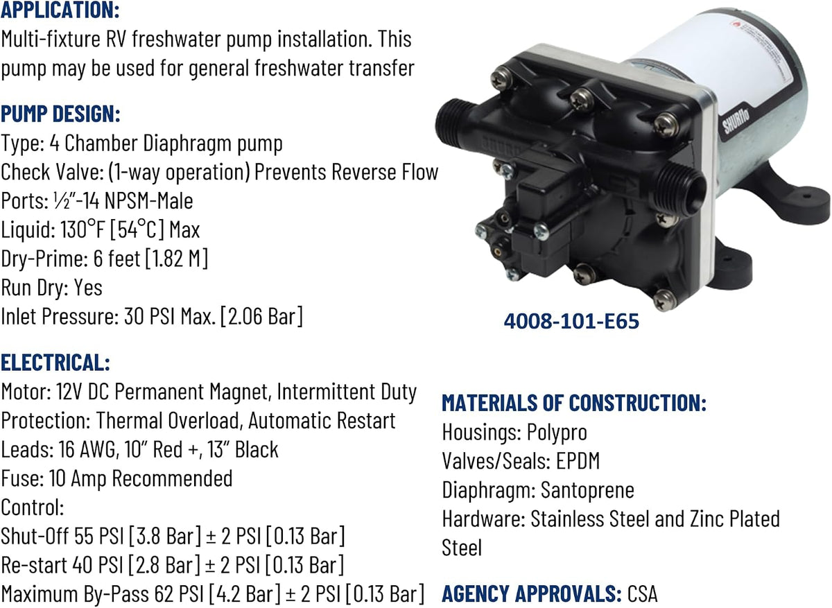 PENTAIR SHURFLO Revolution 4008-101-E65 RV Fresh Water Pump 12V 3.0 GPM 55 PSI Quiet Automatic Demand Diaphragm By-Pass Pump
