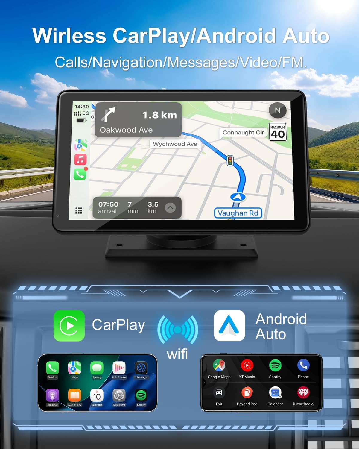 Carplay Screen for Car, 7" Wireless Apple Carplay & Android Auto
