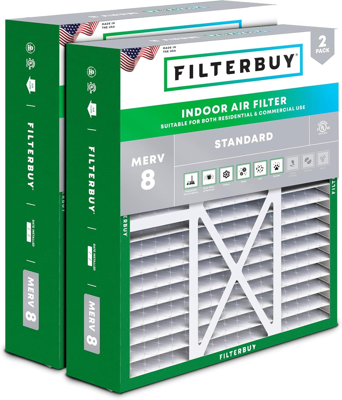 Filterbuy 20x25x5 Air Filter MERV 8 Dust & Allergy Defense (2-Pack)
