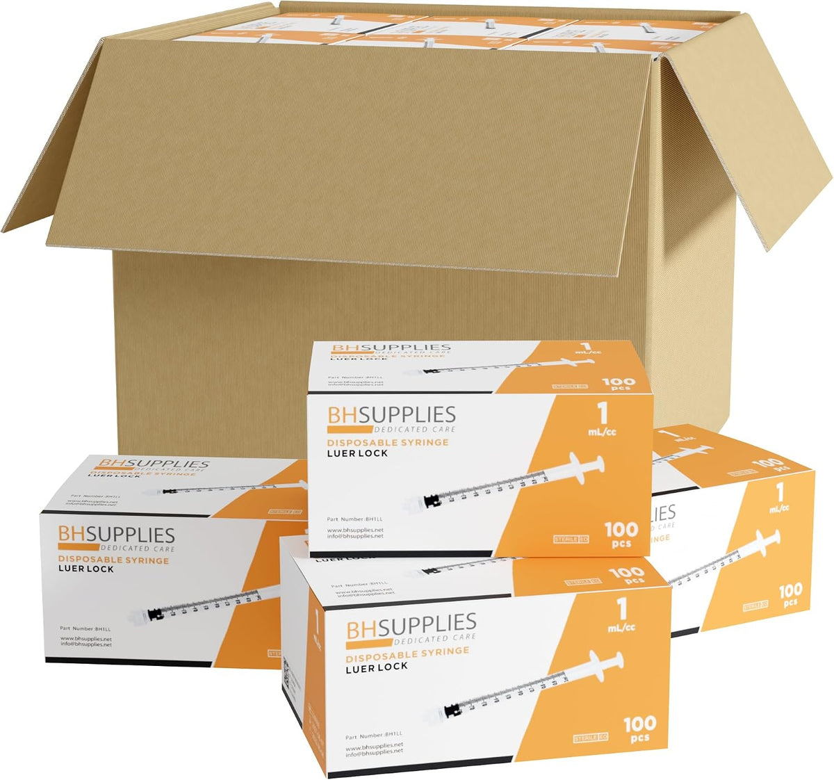 BH Supplies 1ml Luer Lock Tip Syringes (No Needle) - Sterile, Individually Wrapped - 100 Syringes