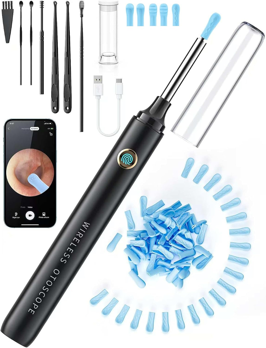 Ear Wax Removal Tool Camera - Ear Cleaner with 1080P HD Camera, FSA HSA Store Eligible, Otoscope with Light, Earwax Removal Kit with 50 Replacement Tips for iPhone, iPad, Android Phones (Black)2