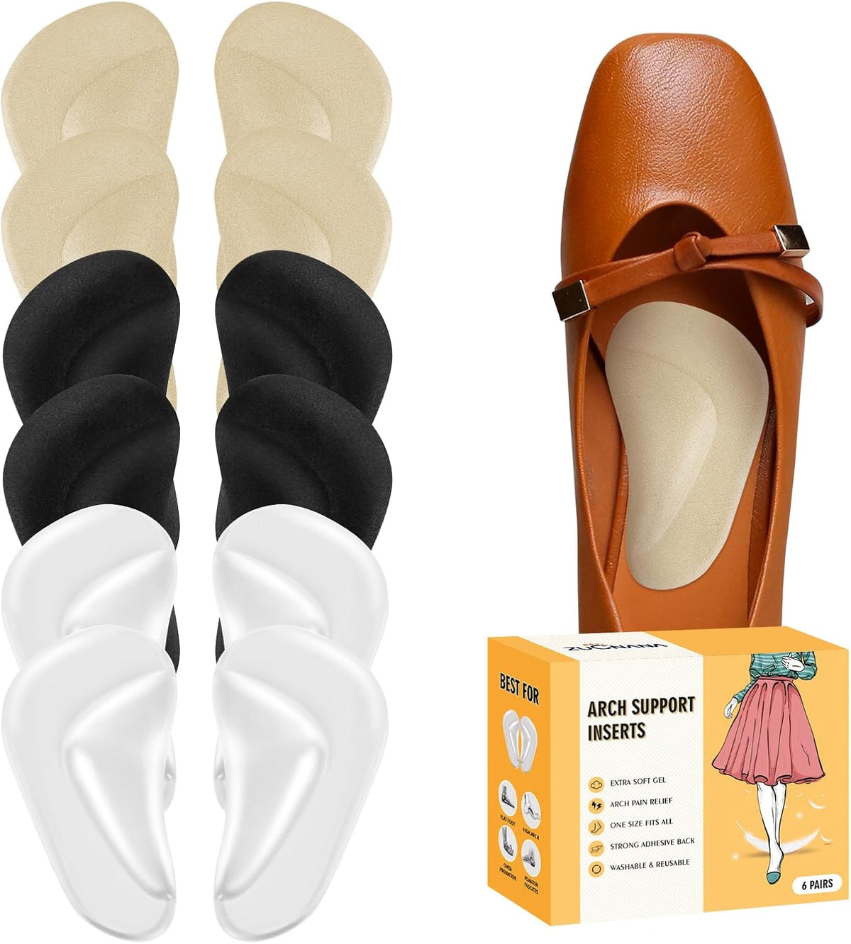 ZUCNANA Arch Support Inserts for Women Flat Feet Plantar Fasciitis 6 Pairs