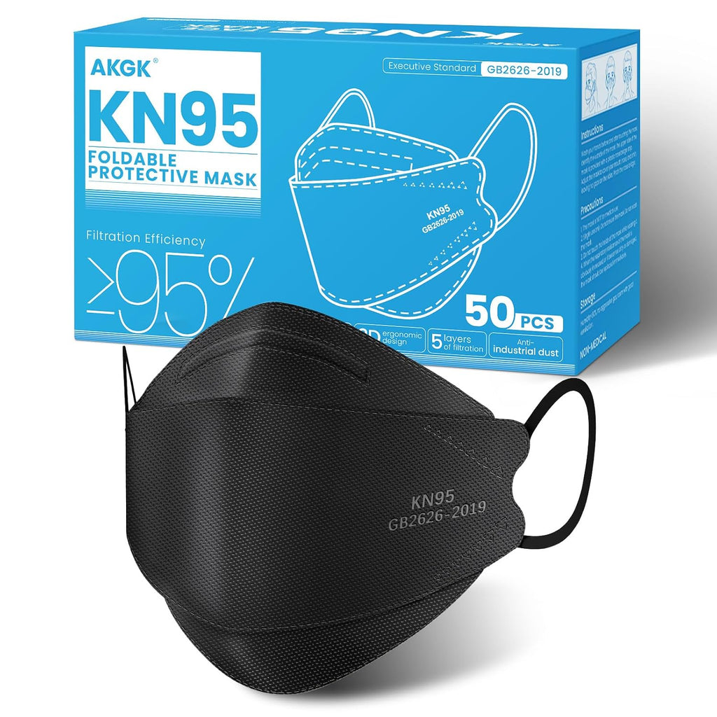 akgk KN95 Face Masks 50 Pack for Adults, 5-Ply Black Disposable Face Mask