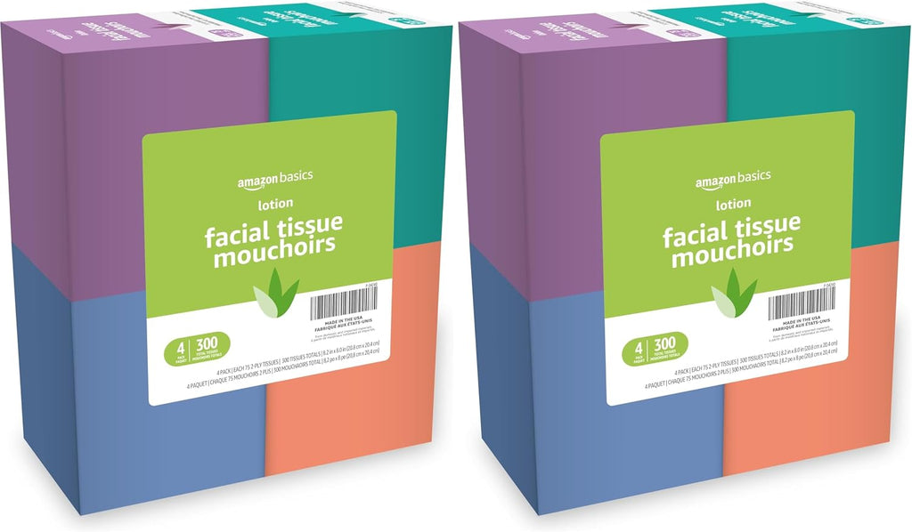 Amazon Basics Facial Tissues with Lotion, 2-Ply, 1350 Count (18 Packs of 75), Cube Box, (Packaging May Vary)