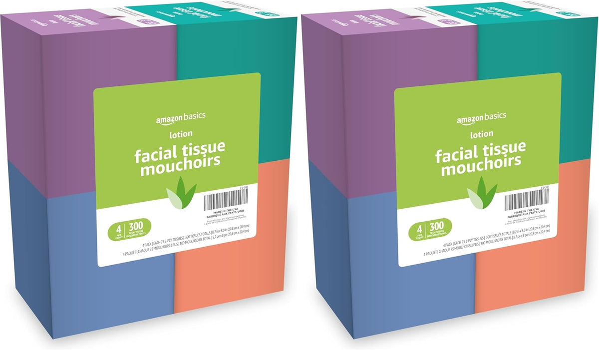Amazon Basics Facial Tissues with Lotion, 2-Ply, 1350 Count (18 Packs of 75), Cube Box, (Packaging May Vary)
