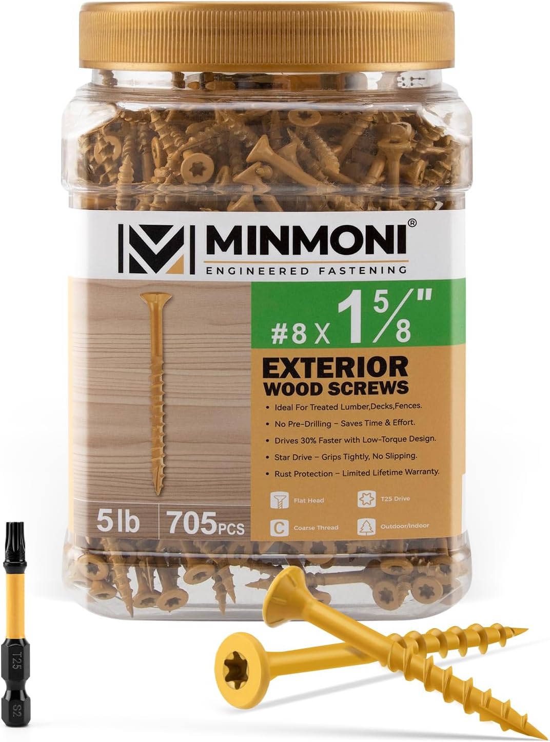 #10 x 3'' Wood Deck Screws 310pcs (5lb Box), Torx Flat-Head Exterior Screws, Multiple Size Available, Tan, T25 Star Bit Included