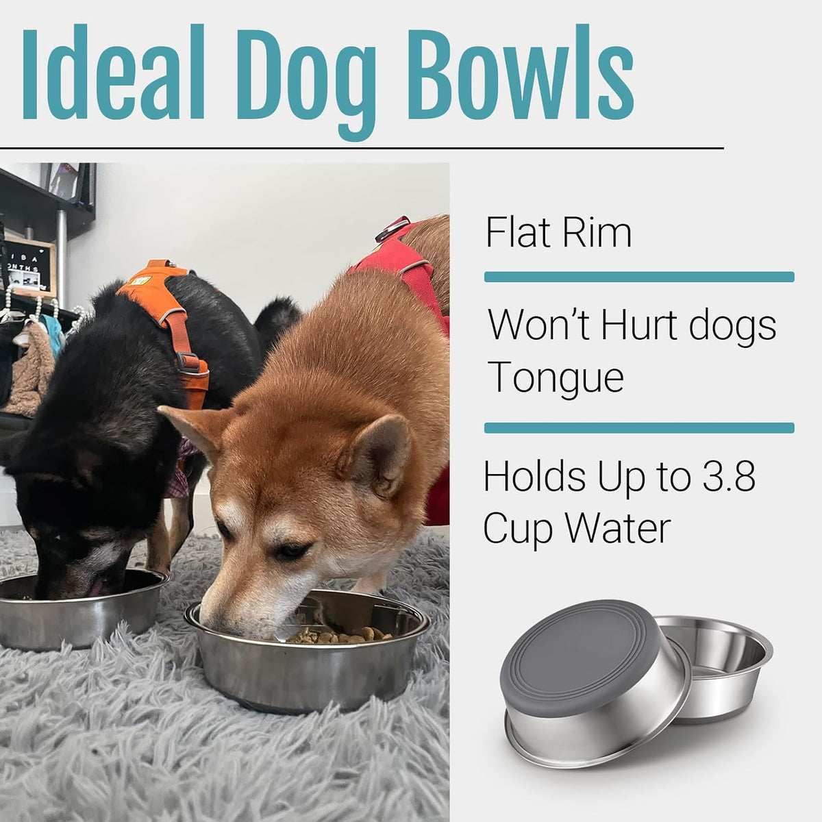 PEGGY11 Nonslip Stainless Steel Dog Bowls, 3.8 US Cup Each, 2 Pack | No slide silicone bottom, Dishwasher safe, Easy to clean, Stackable design