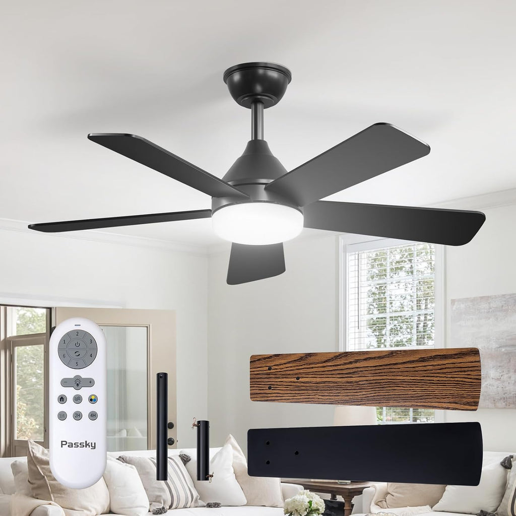 Passky 52 Inch Black Sleek Ceiling Fans with Lights, Remote Control