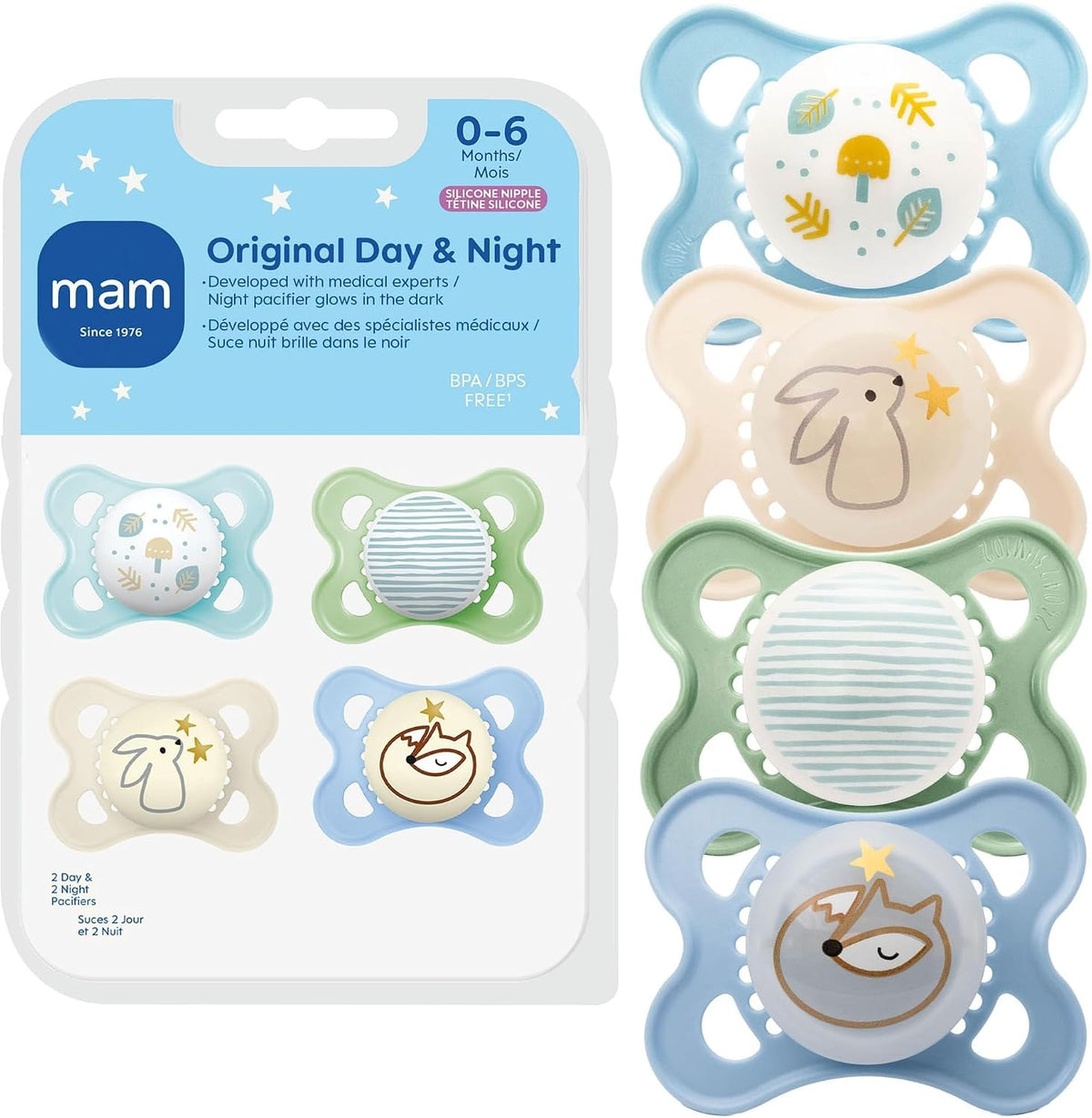 MAM Original Baby Pacifiers 0-6 Months, Glows in The Dark, 4 Pack