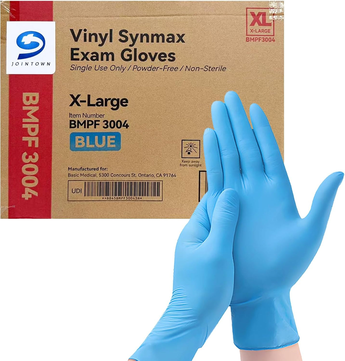 Jointown Basic Synmax Vinyl Exam Gloves Disposable Exam Gloves, 4 Mil, Blue, Latex & Powder Free, BMPF-3002