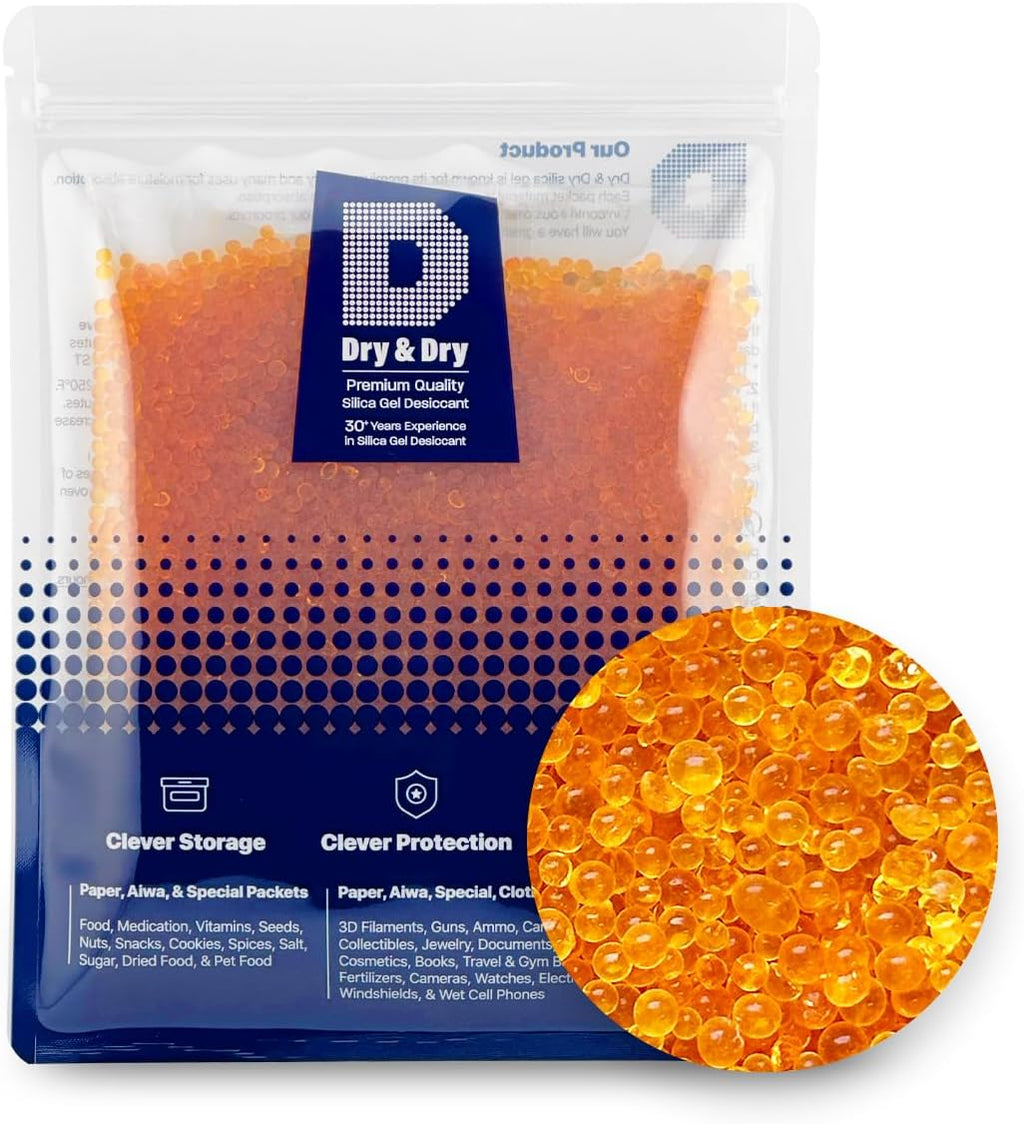 "Dry & Dry" [1 Quart] Premium Orange Indicating Silica Gel Desiccant Beads(Industry Standard 3-5 mm) - Rechargeable Silica Gel Beads(2 LBS)